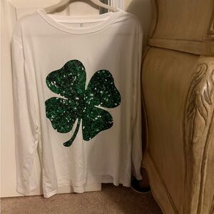 White Long Sleeve Shirt with Green Shamrock